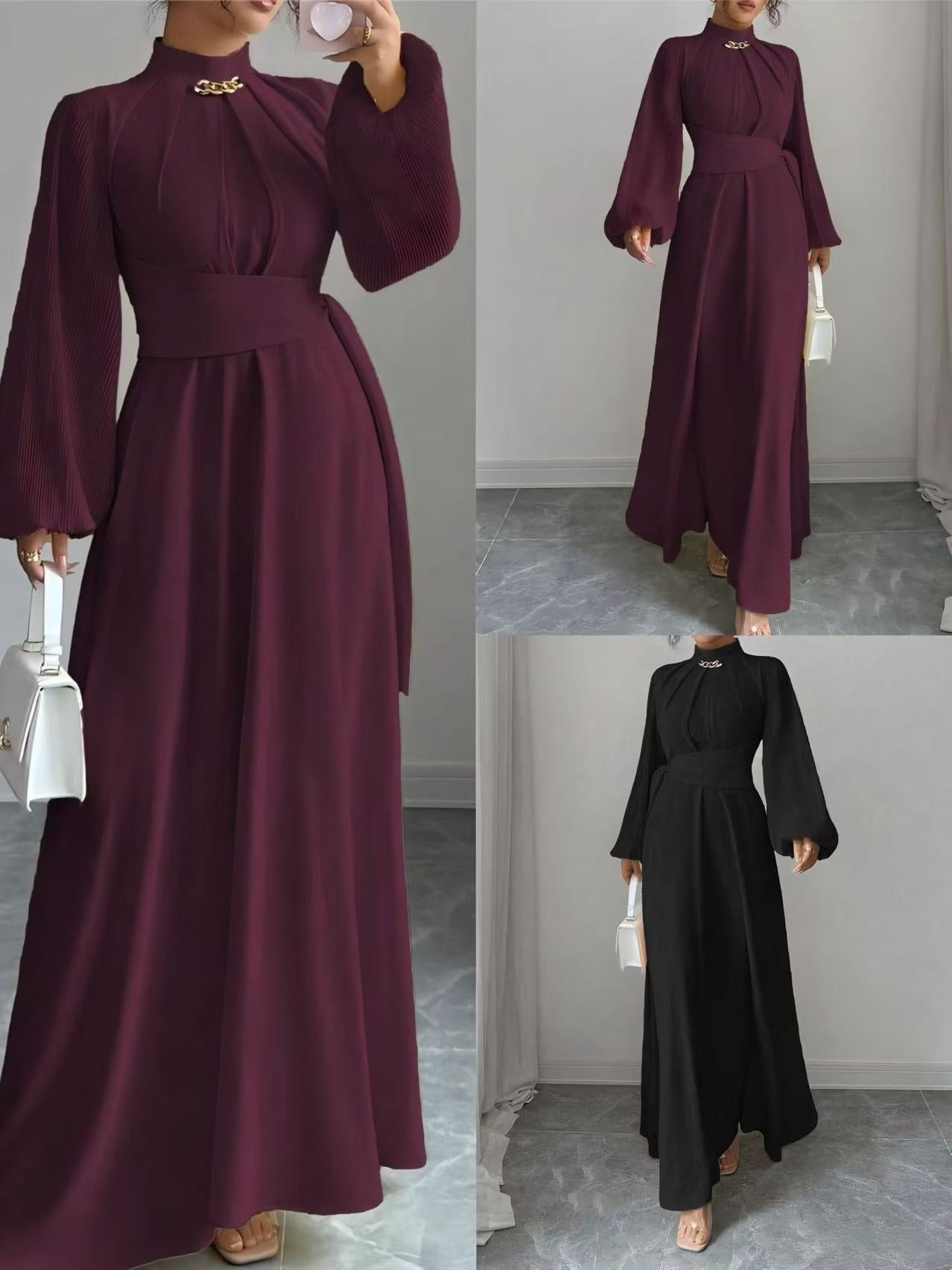 Women's Burgundy Long Sleeve Maxi Dress – Elegant Fashion Dress for Casual, Party, Evening, Holiday & Special Occasions