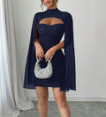 Women's Half-High Collar Cape Sleeve Ribbed Slim-Fit Knee-Length Dress