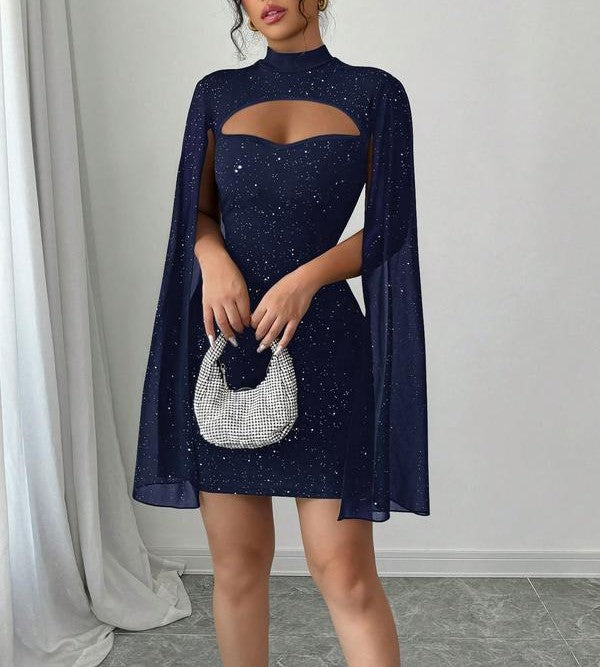 Women's Half-High Collar Cape Sleeve Ribbed Slim-Fit Knee-Length Dress