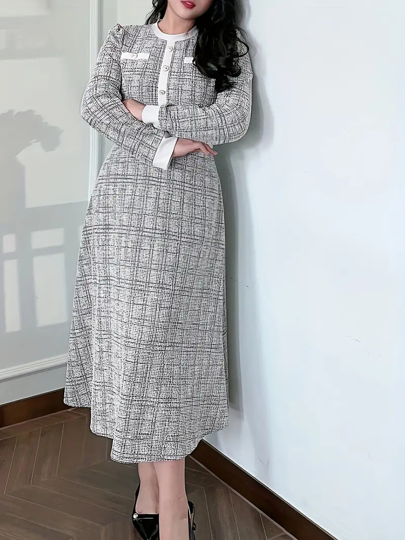 Elegant Color Block Waist-Cinching Dress for Women Plus Size, Slim Fit Round Neck Midi Dress, Classic Fashion Casual Party Outfi