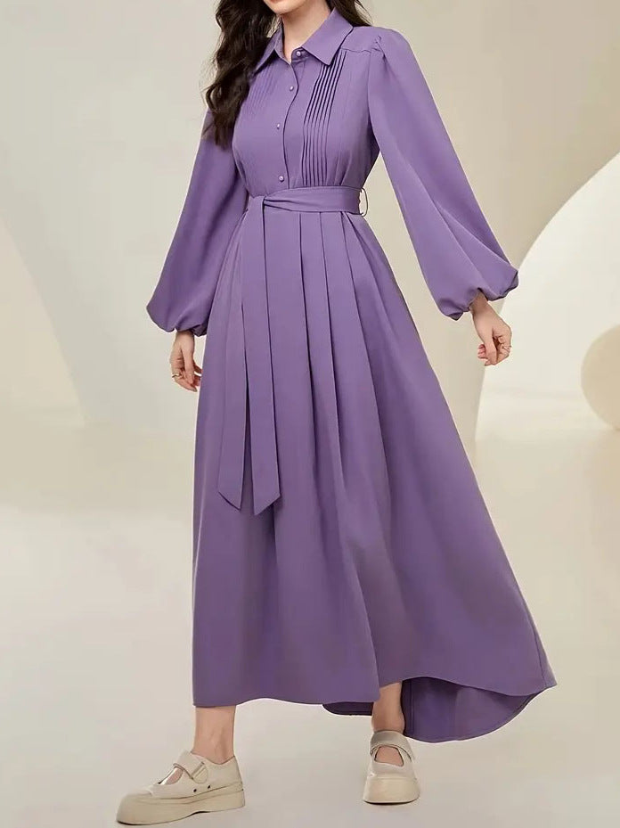 Women's Solid Color Pleated Long Sleeve Lace-Up Waist Dress with Flattering Fit