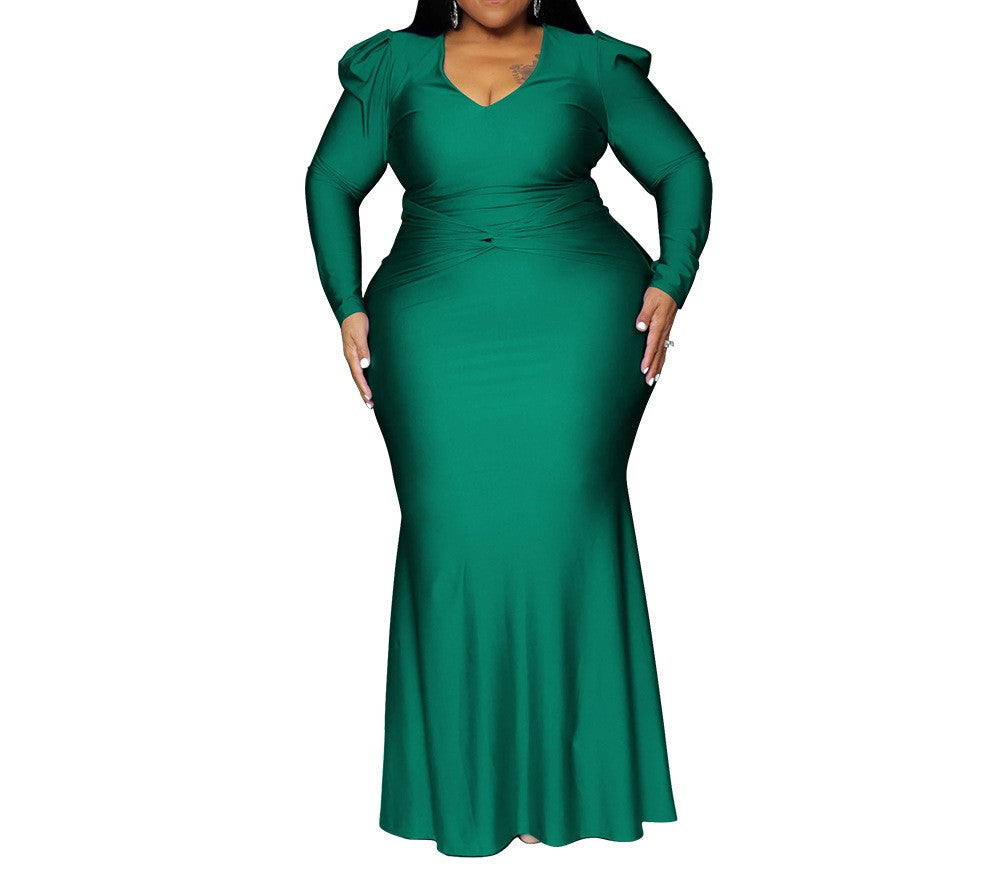 Plus Size Women's V-Neck Long Sleeve Solid Color Nightclub Maxi Dress – Autumn & Winter Elegant Long Skirt