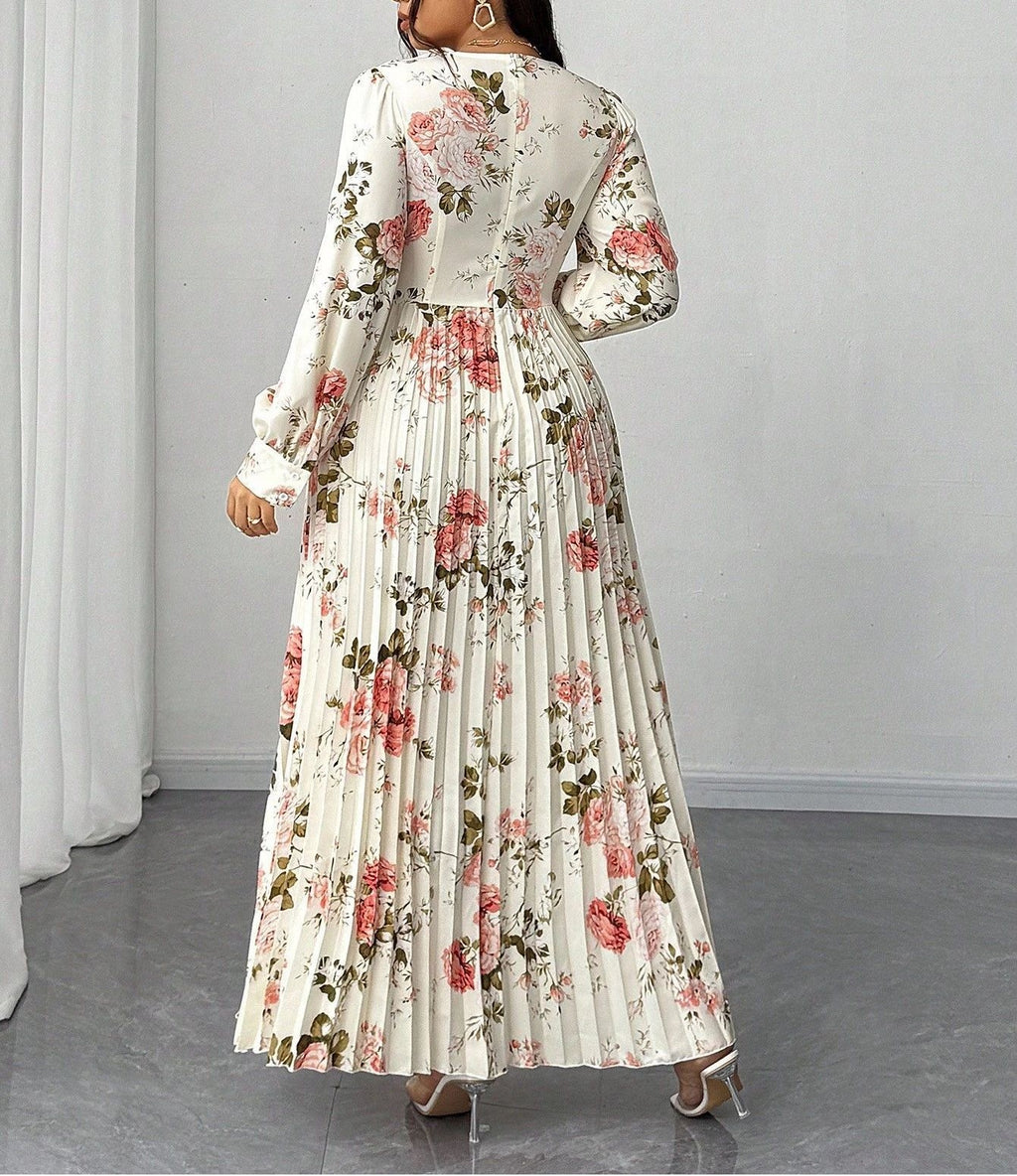 Floral Print Plus Size Long Dress for Women V-Neck Long Sleeve Pleated Waist-Defining Maxi Dress