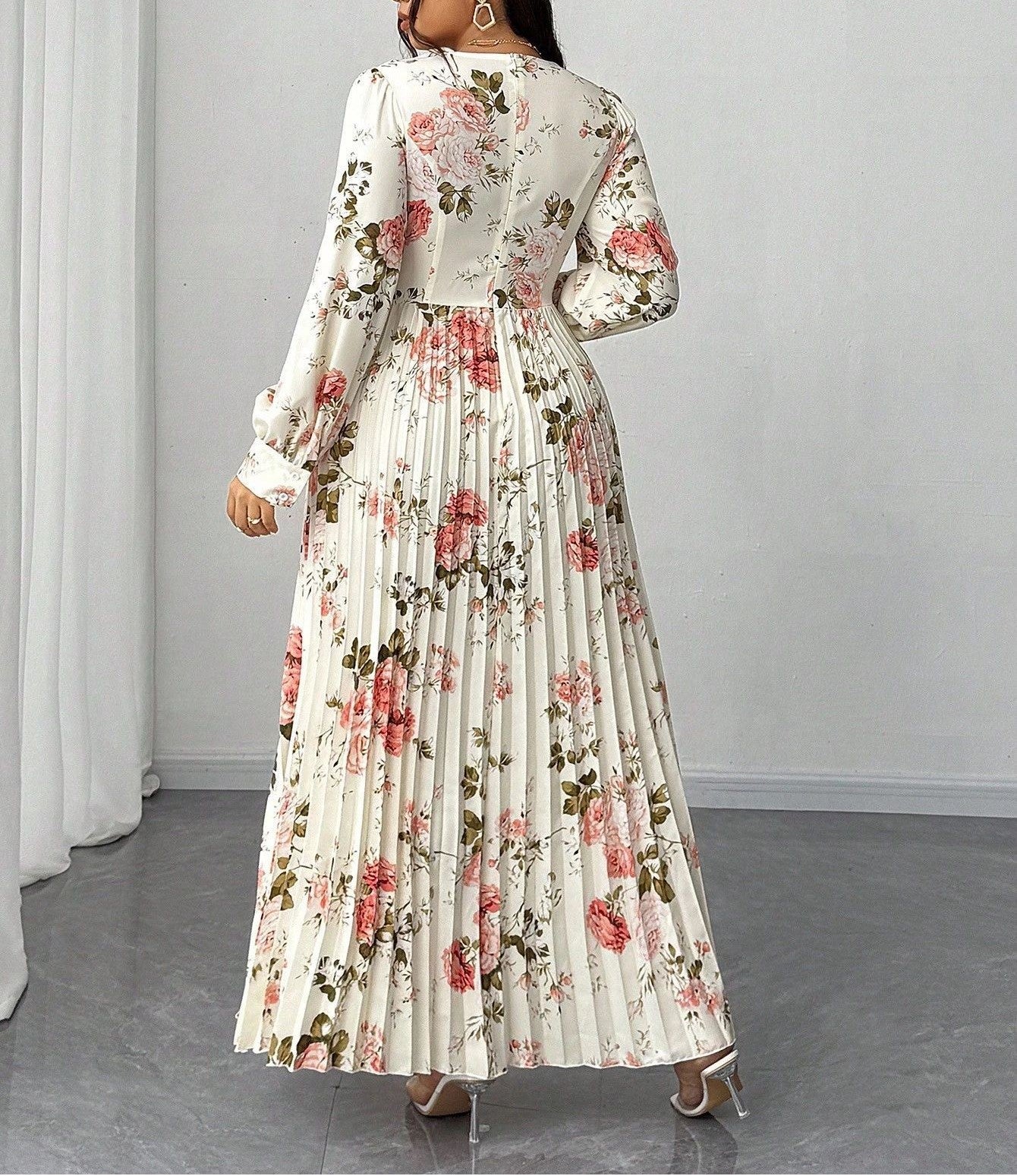 Floral Print Plus Size Long Dress for Women V-Neck Long Sleeve Pleated Waist-Defining Maxi Dress