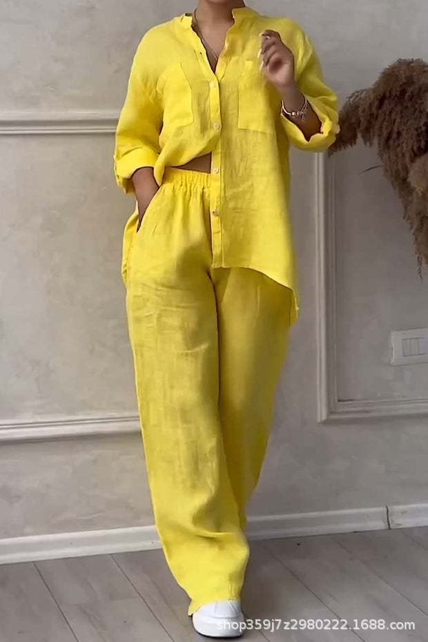 Women's Casual Solid Color Shirt and Drawstring Wide-Leg Pants Two-Piece Set