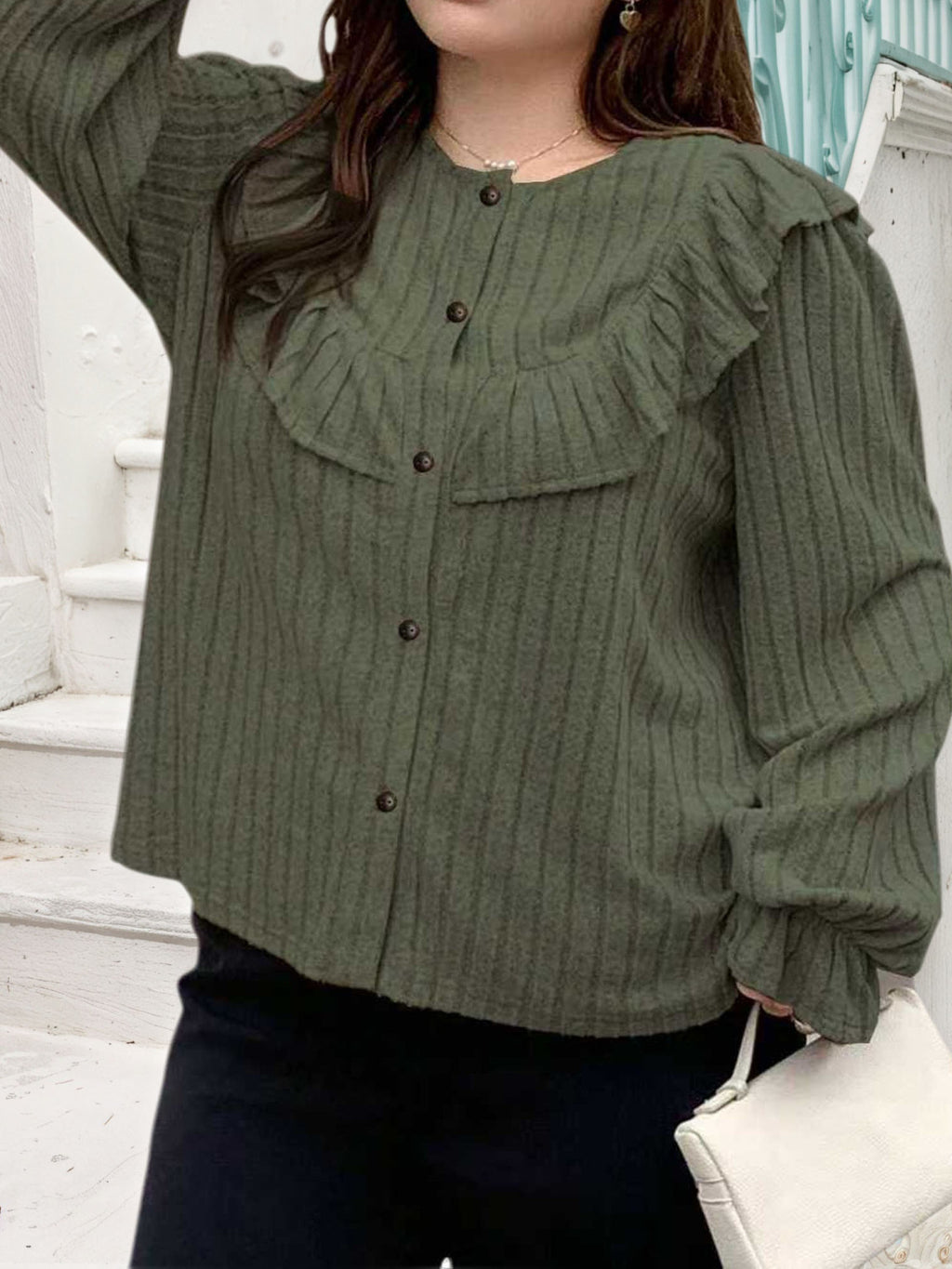 Women's Autumn & Winter Plus Size Ruffled Button-Up Long Sleeve Cover-Up Top