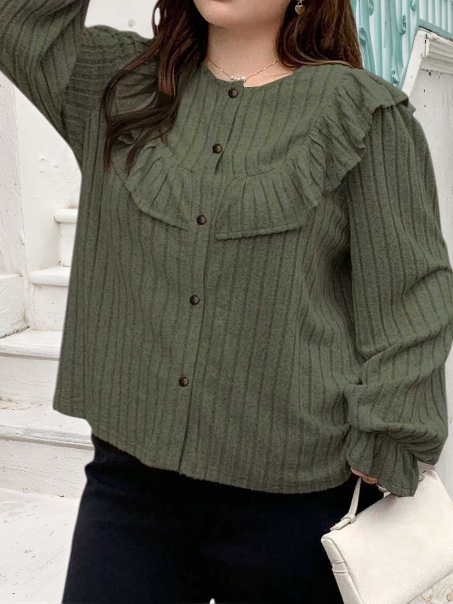 Women's Autumn & Winter Plus Size Ruffled Button-Up Long Sleeve Cover-Up Top