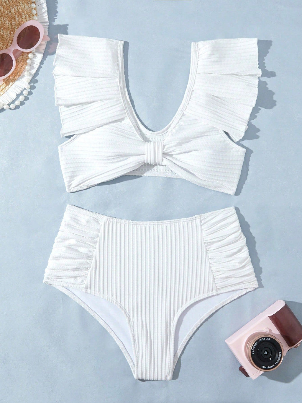 New Solid Color Bow Flying Edge Pleated High-Waist Split Bikini Swimsuit