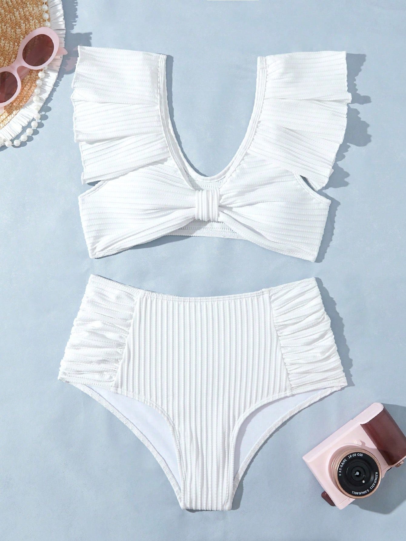New Solid Color Bow Flying Edge Pleated High-Waist Split Bikini Swimsuit