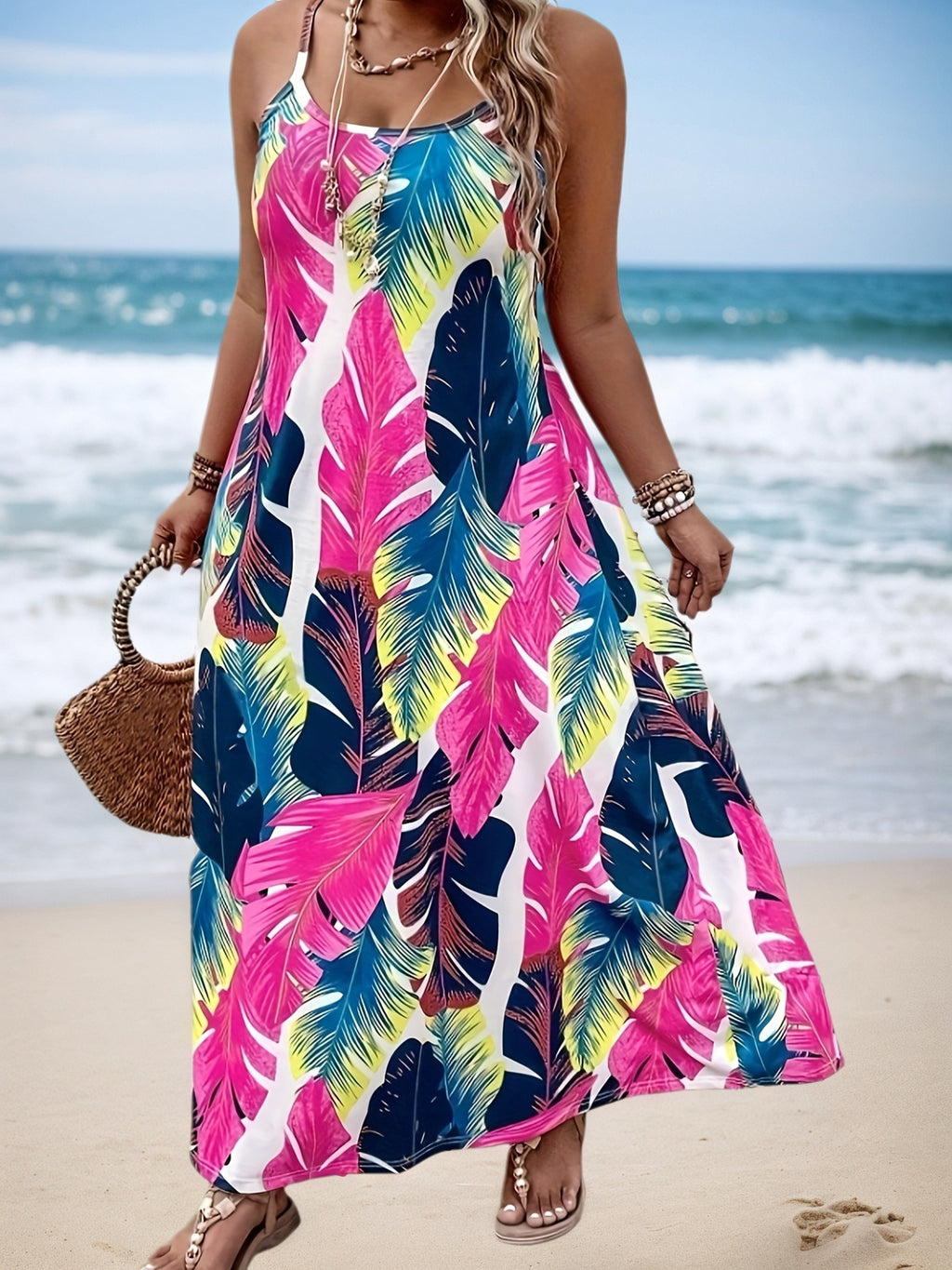 Women's Plus Size Tropical Print Beach Sling Maxi Dress Casual Vacation Summer Sleeveless Dress