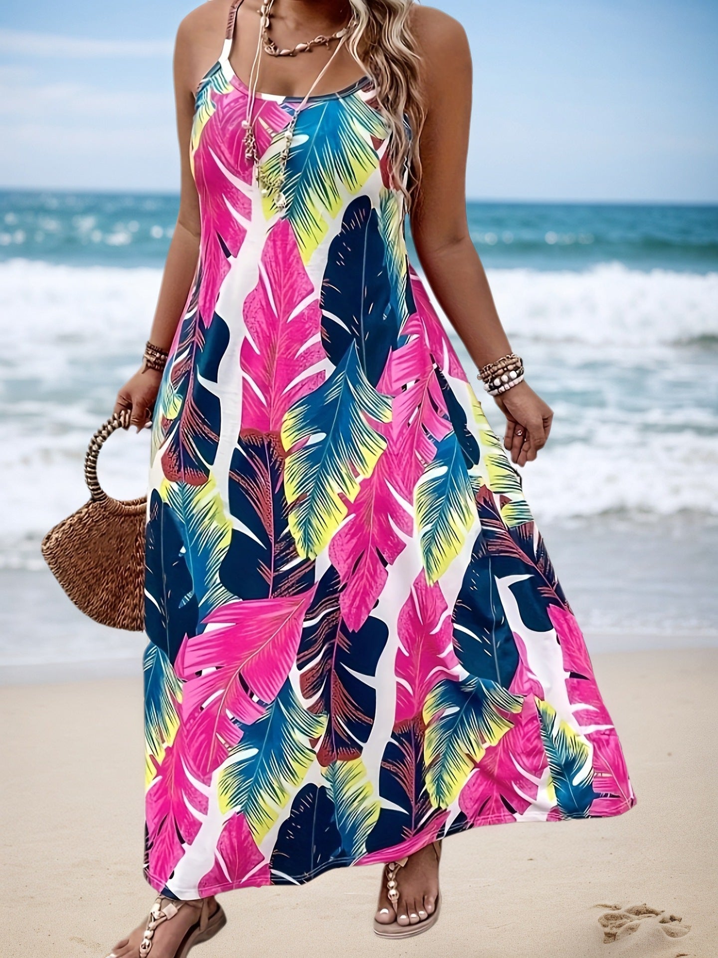 Women's Plus Size Tropical Print Beach Sling Maxi Dress Casual Vacation Summer Sleeveless Dress