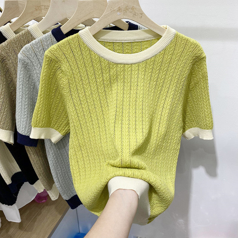 New Summer Color-Blocked Soft Knit Short-Sleeve Sweater for Women