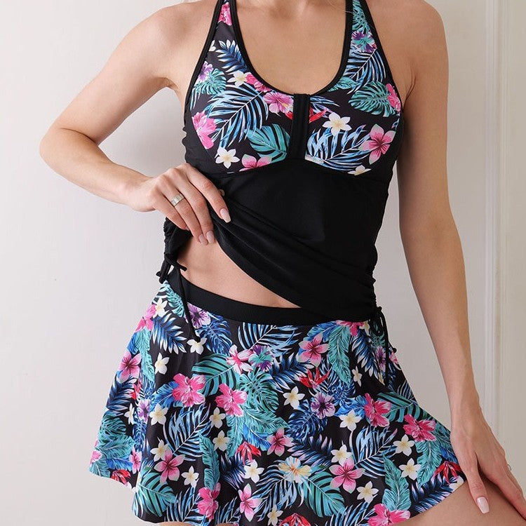New Digital Printing Cross Shoulder Bikini Skirt Split Swimsuit