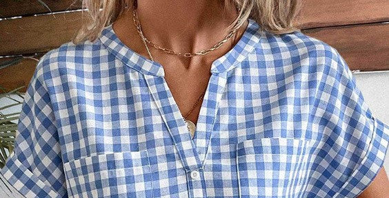 Women's Casual V-Neck Plaid Shirt – Loose Fit Short Sleeve Everyday Top