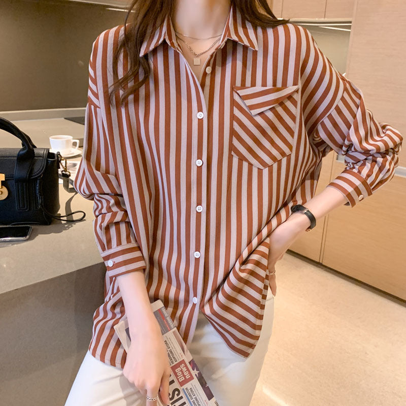 Lightweight Chiffon Lapel Blouse for Women - Spring & Fall Striped Cardigan Shirt