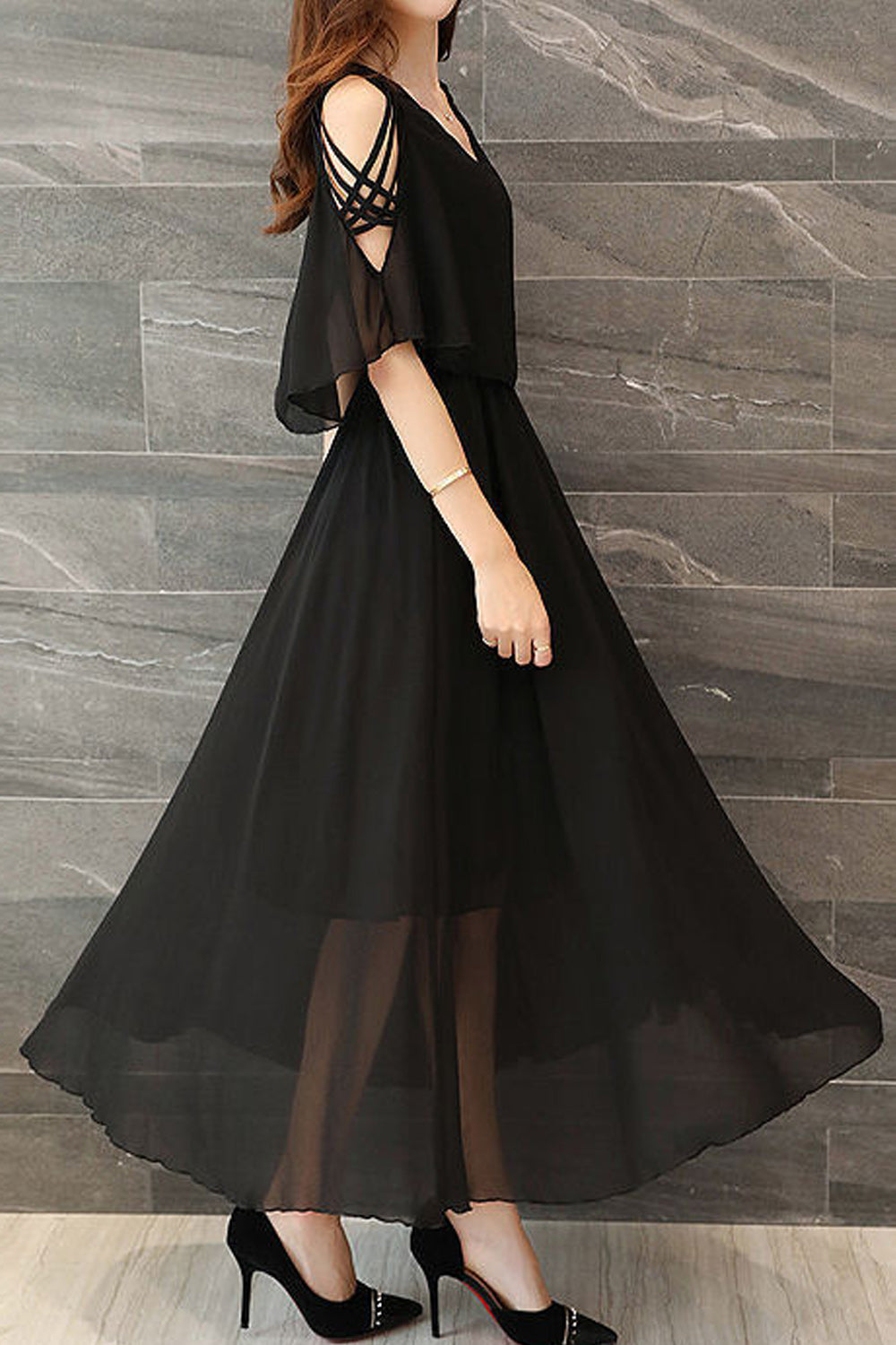 Women Restful V-Neck Breathable Short Sleeve Long Length Pleated Styled Amazing Solid Colored Dress