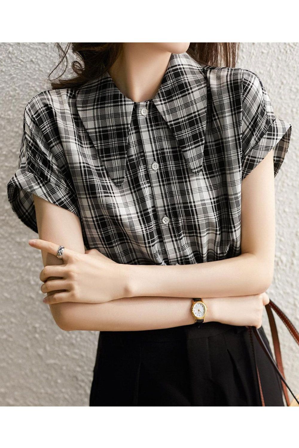 Women's Collar Design Silk Short-Sleeved Top Shirt Summer Style