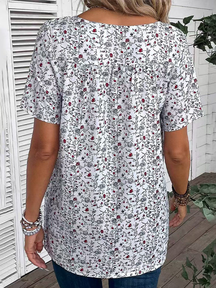New Summer Style Elegant Printed V-Neck Short-Sleeved Top for Women