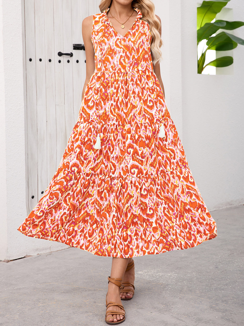 New Women's V-Neck Printed Lace-Up Bohemian Style Maxi Dress for Summer Vacation, Casual Beach Wear