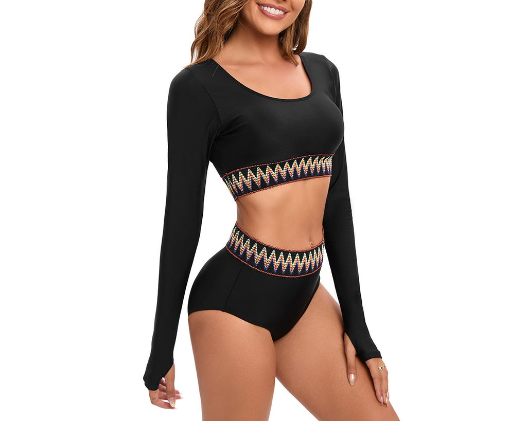 Women's Long Sleeve Black Bikini Surfing Swimsuit – UV Protection Rash Guard Swimsuit, Short Vest Style, Solid Color, Diving Sui
