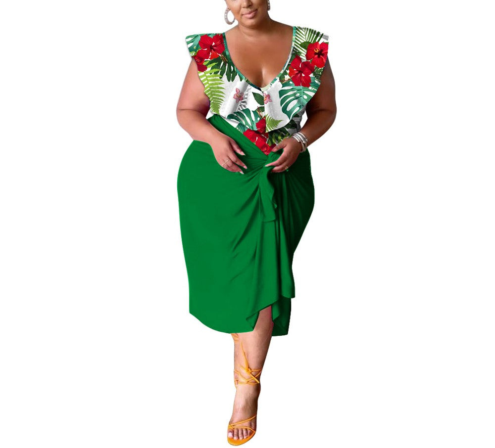Women's Plus Size Casual V-Neck Printed Jumpsuit Top & Skirt Set – Trendy Two-Piece Outfit