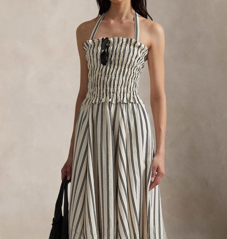 Women's Striped Off-Shoulder Halterneck Sleeveless Waist-Defined Dress