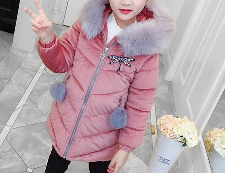 New Style Girls’ Cotton-Padded Coat – Mid-Length Gold Velvet Thickened Winter Outerwear for Children - RAC25JP3291GDRESS