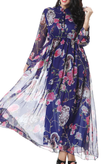 Plus Size Floral Collar Neck Maxi Dress Blue