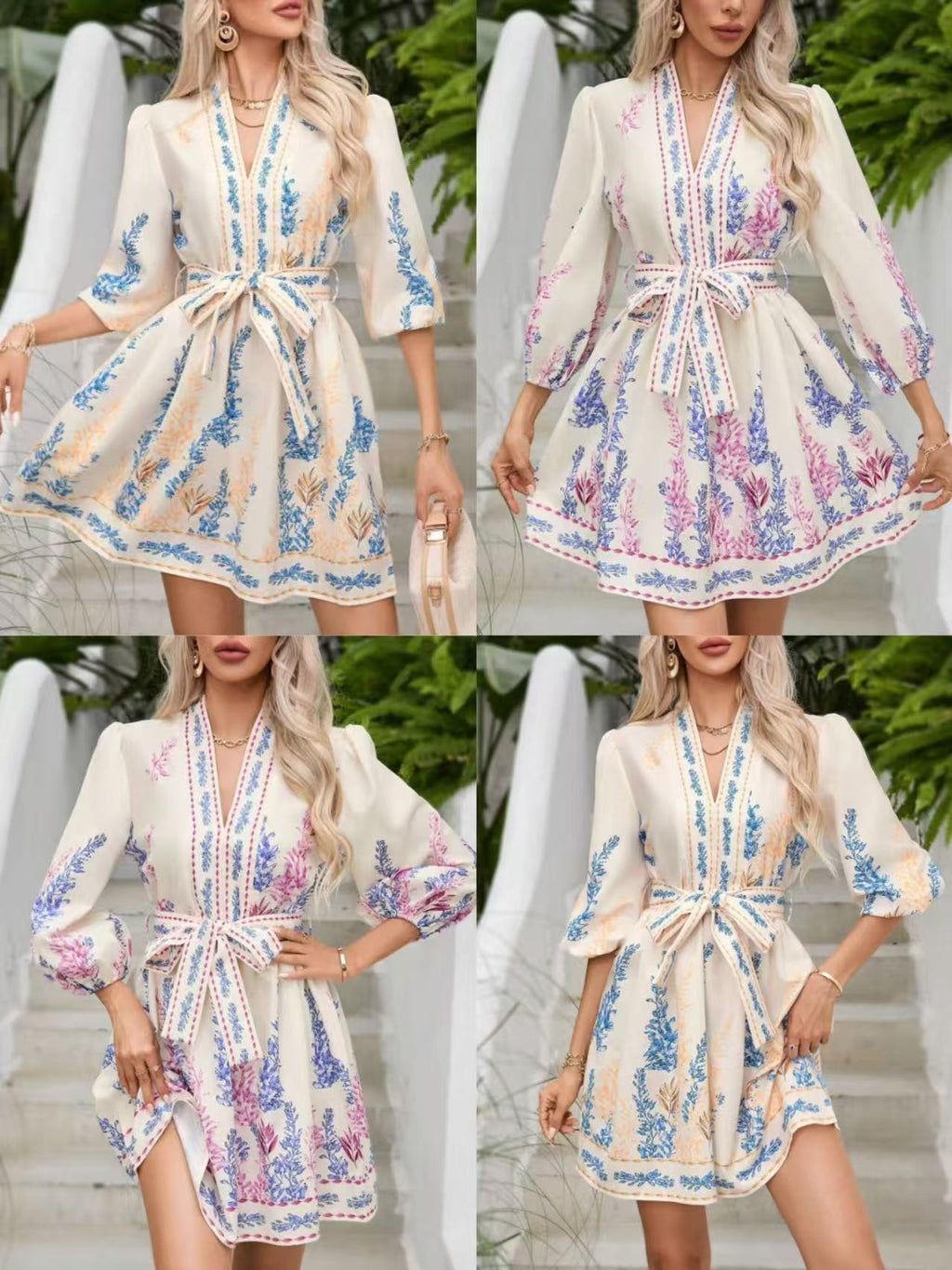 Women Fashion V-Neck Printed Long Sleeve Waist Tie Midi Dress