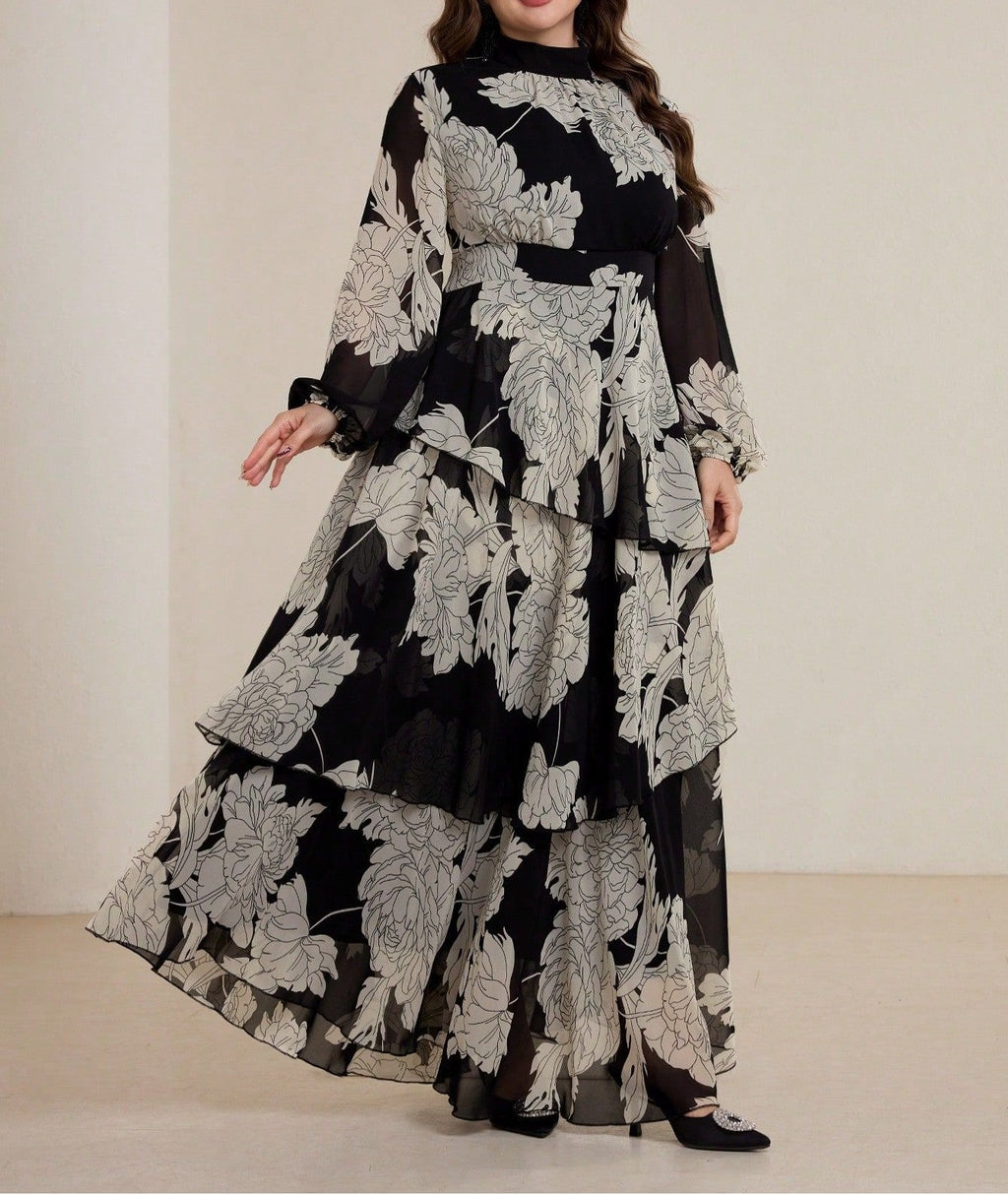 Women's Plus Size Stand Collar Tie Waist Midi Dress Elegant A-Line Full Skirt Short Sleeve Casual Dress