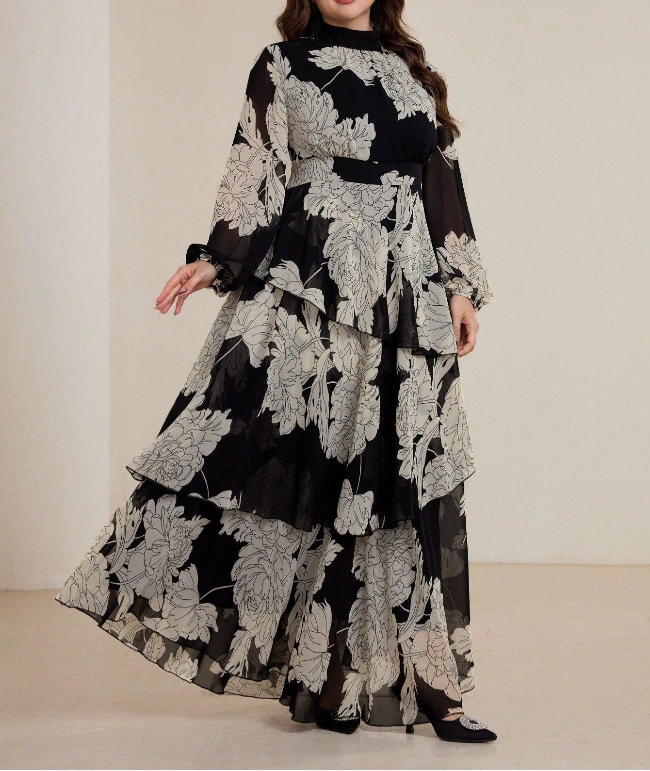 Women's Plus Size Stand Collar Tie Waist Midi Dress Elegant A-Line Full Skirt Short Sleeve Casual Dress