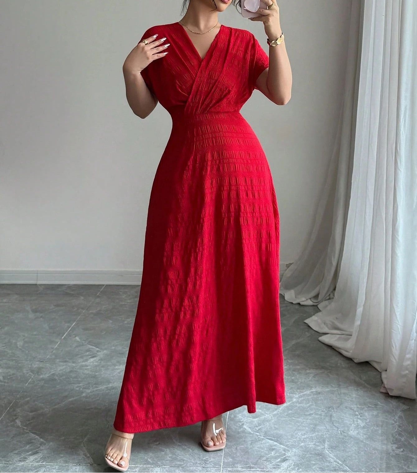 Women's Red V-Neck Pleated Long Dress – Elegant Slim Fit Maxi Dress for Party, Wedding, Evening, Holiday & Special Occasions