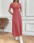 Women’s Summer Printed V-Neck Short-Sleeved Waist Floral Dress