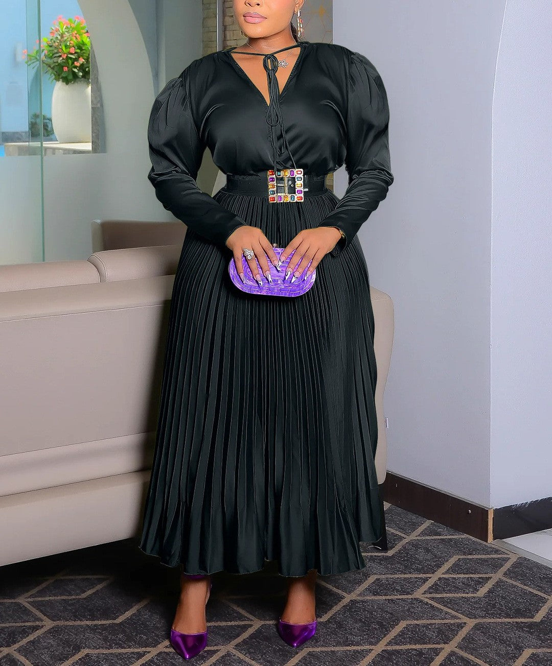 Autumn New Women’s Elegant Pleated Lace-Up Long-Sleeved Dress Set