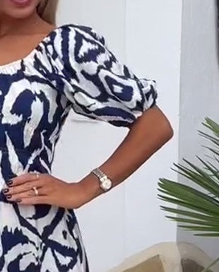Women's Elegant Printed Bubble Sleeve Dress