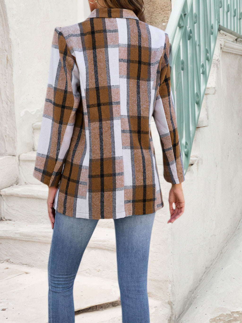 Women's Autumn Winter Plaid Button Front Casual Jacket Coat Loose Fit Long Sleeve Urban Style Outerwear