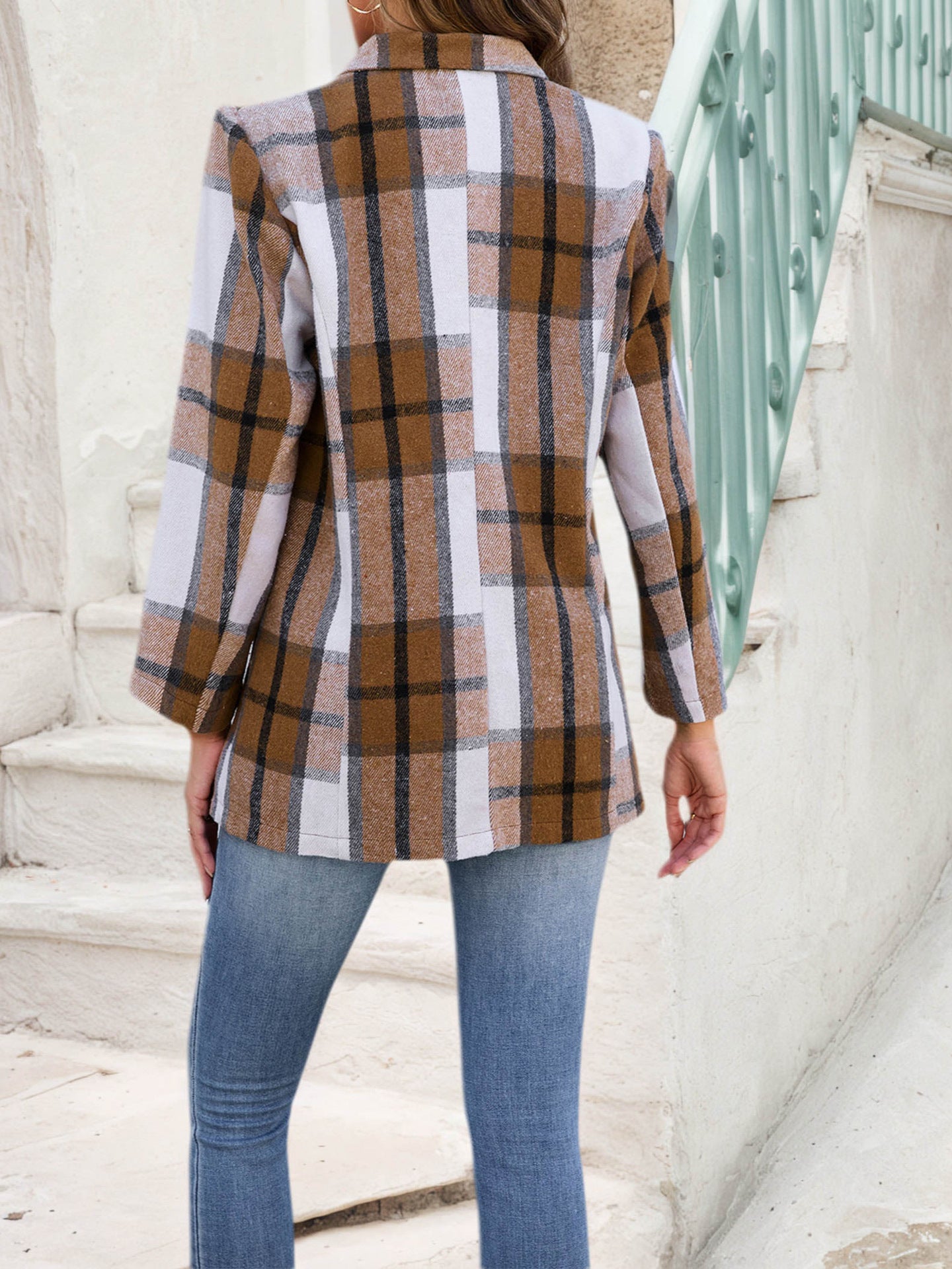 Women's Autumn Winter Plaid Button Front Casual Jacket Coat Loose Fit Long Sleeve Urban Style Outerwear