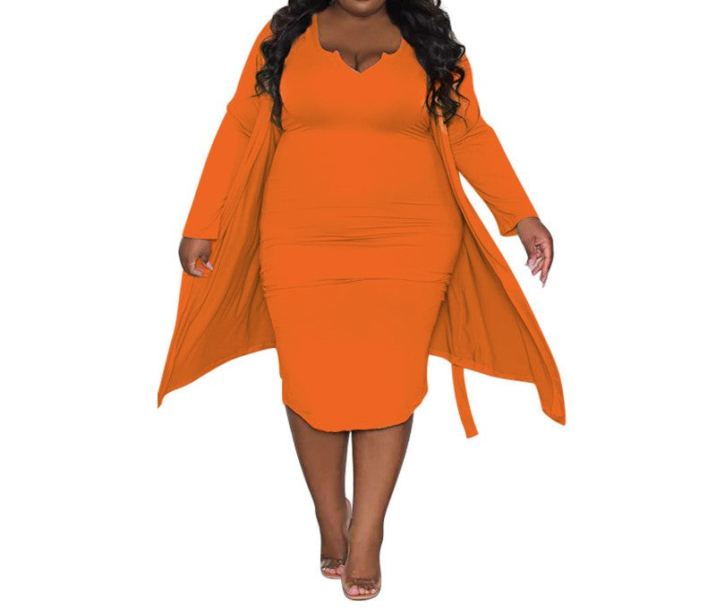 Women’s Plus Size Two-Piece Set – Long-Sleeved Shrug & Tube Top Bodycon Dress – Casual & Stylish Outfit