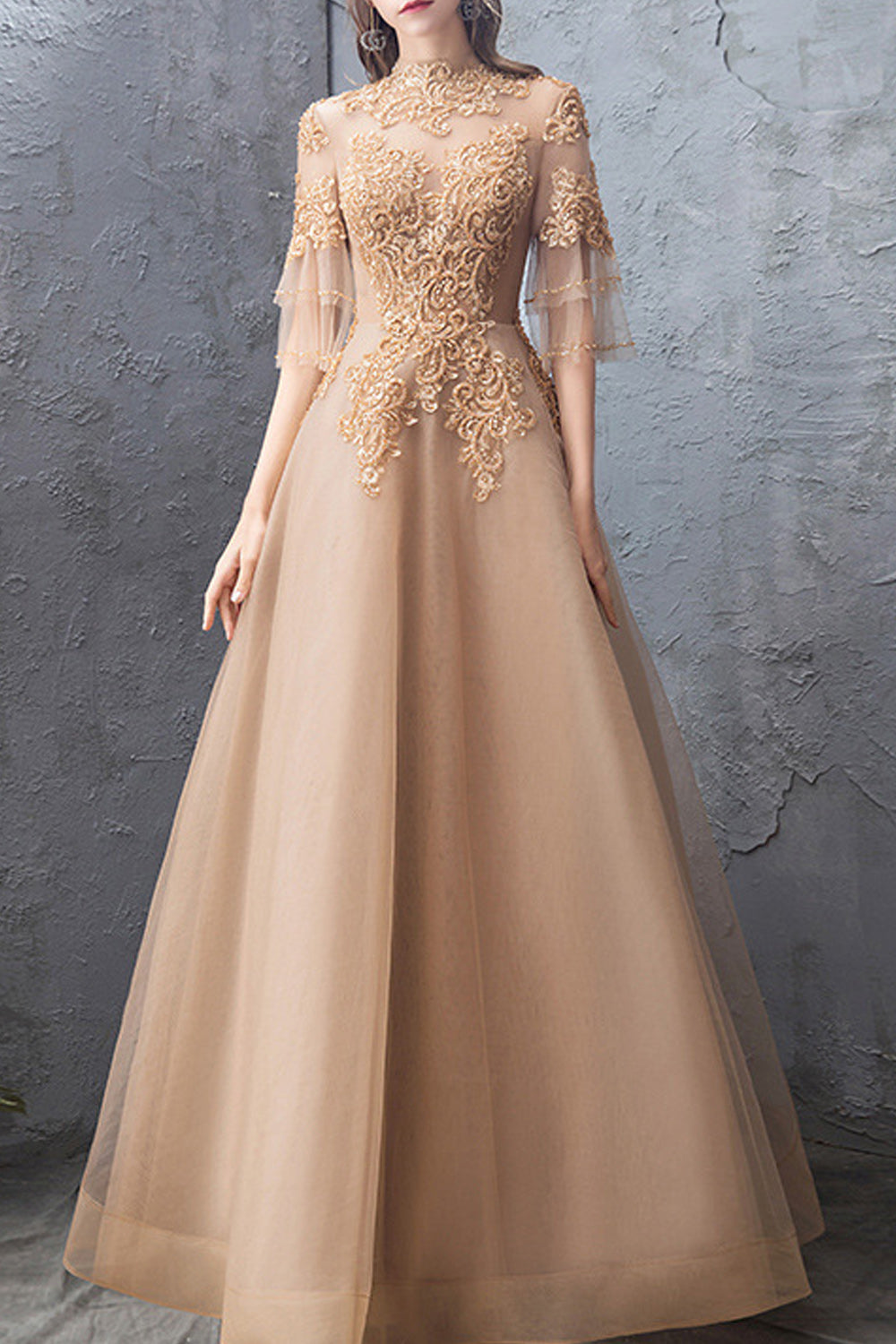 Women Half Sleeve Lace Decorated Long Breathable Skirt Wedding Party Dress