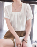 Women's Elegant Apricot Square Collar Shirt - Lightweight Short Sleeve Summer Top