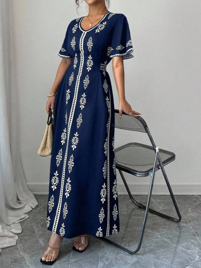 Fashion Printed Women's Summer Dress – Elegant Short Sleeve Waist-Cinching Slim Fit Casual Midi Dress