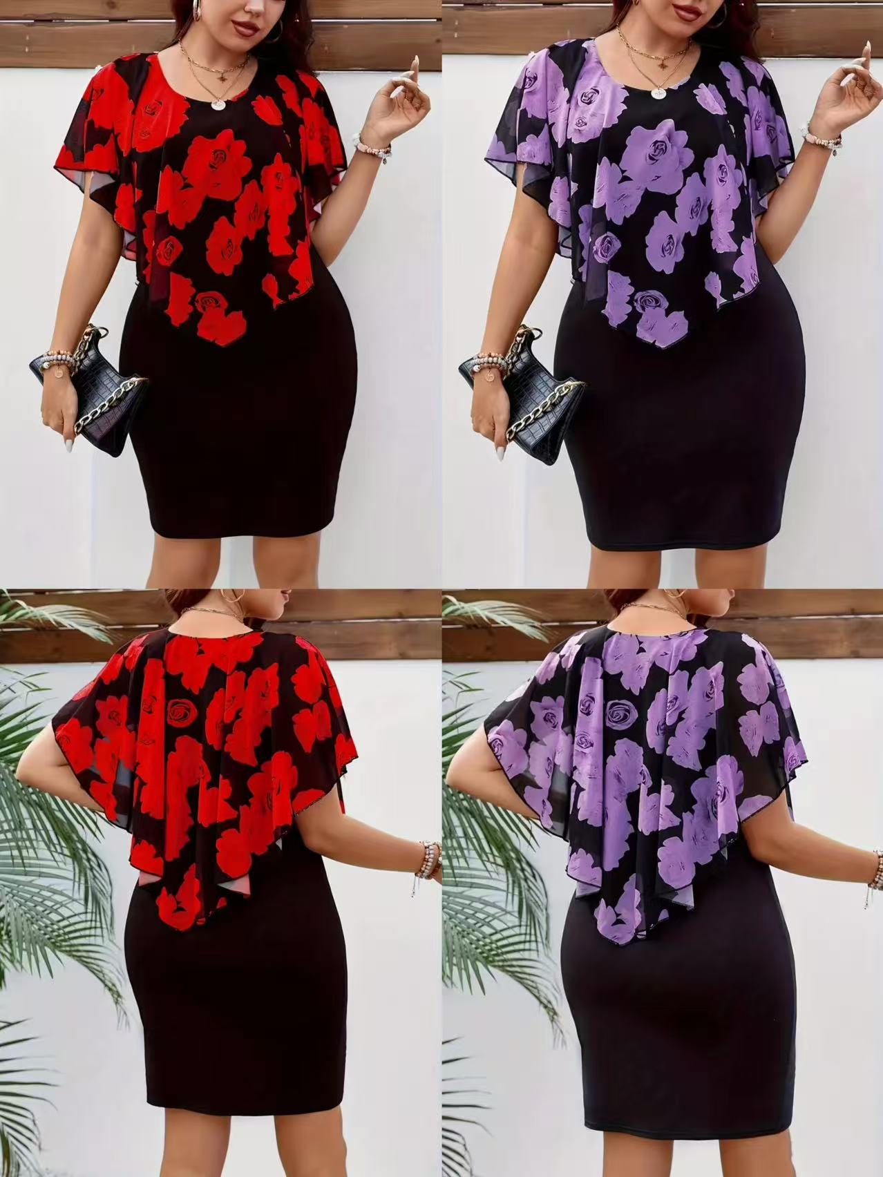 Women's Plus Size Elegant Printed Slim Fit Midi Dress with Modern Fashion Design