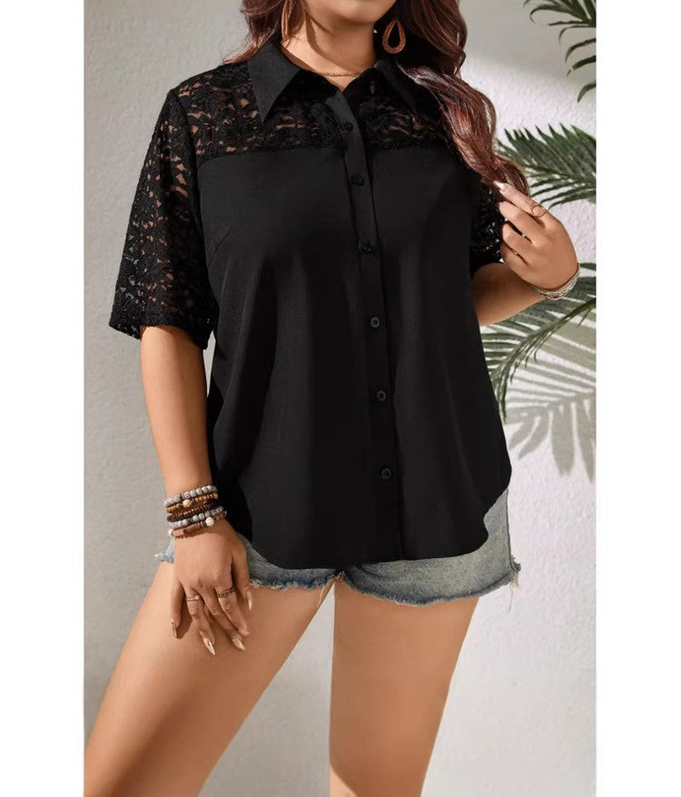 Hollow-Out Lace Patchwork Loose Cardigan Shirt for Women, Lightweight Elegant Open Front Summer Top