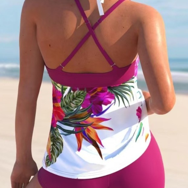 Digital Printed Cross Lace-Up Neck Tankini Set for Women - High Waist Boomers Split Swimsuit