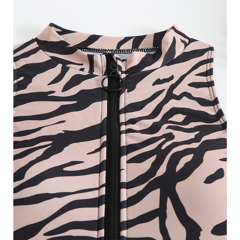 Leopard Print High Collar Zipper One-Piece Swimsuit - Slim Fit
