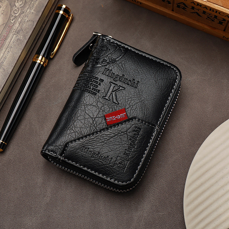 Men’s Genuine Leather Zipper Mini Document Bag – Compact Organ Card Holder Wallet with Textured Finish