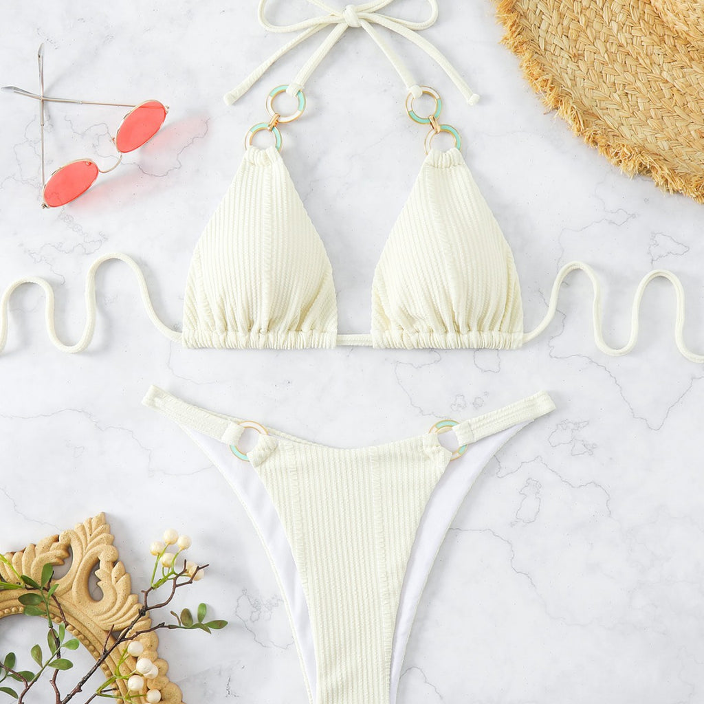 Women's Solid Color Ring Buckle Lace-Up Neck Bikini Two-Piece Swimsuit