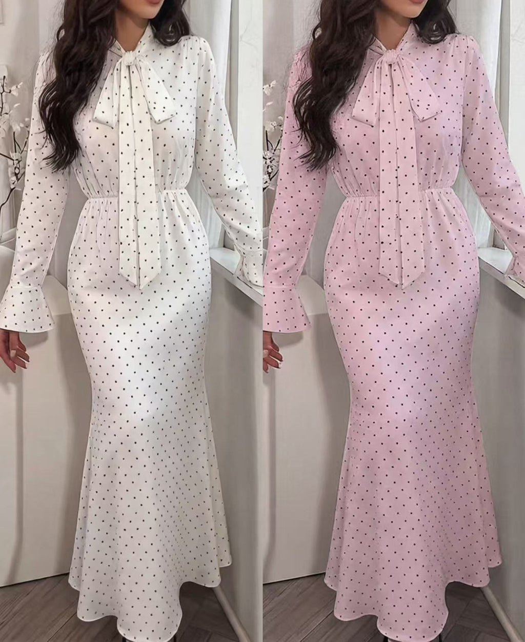Women's Polka Dot Tie Strap Long Sleeve Maxi Dress - 2026 New Design Bell Sleeve Waist-Defined Elegant Dress