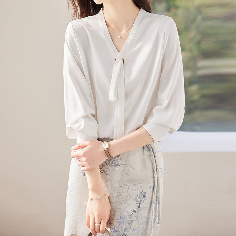 Women's White Chiffon Strap V-Neck Top - Spring & Autumn Blouse
