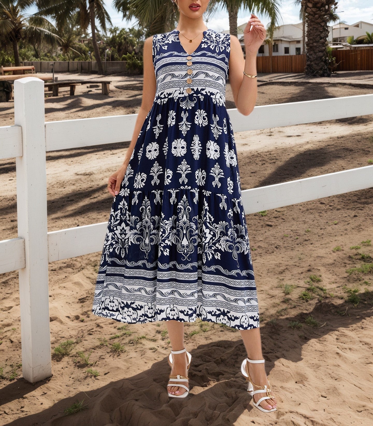 Women's Rayon Printed Bohemian Resort Style V-Neck Sleeveless Casual Maxi Dress